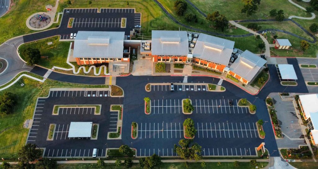 Aerial view of parking lot with new striping